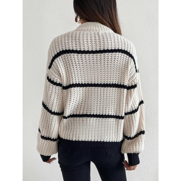 Striped Mock Neck Drop Shoulder turtleneck Sweater cream black - Picture 2 of 11